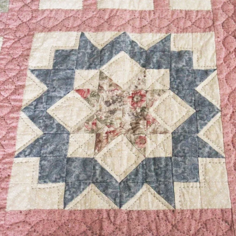 Vintage 80's/90's Completely Handmade Hand Stitched Quilt Pink Squares 87L x 60W